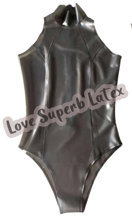 Transparent Black Latex Bodysuit Sexy Latex Gummi Catsuit Swimsuit Leotard Zip till Back Waist