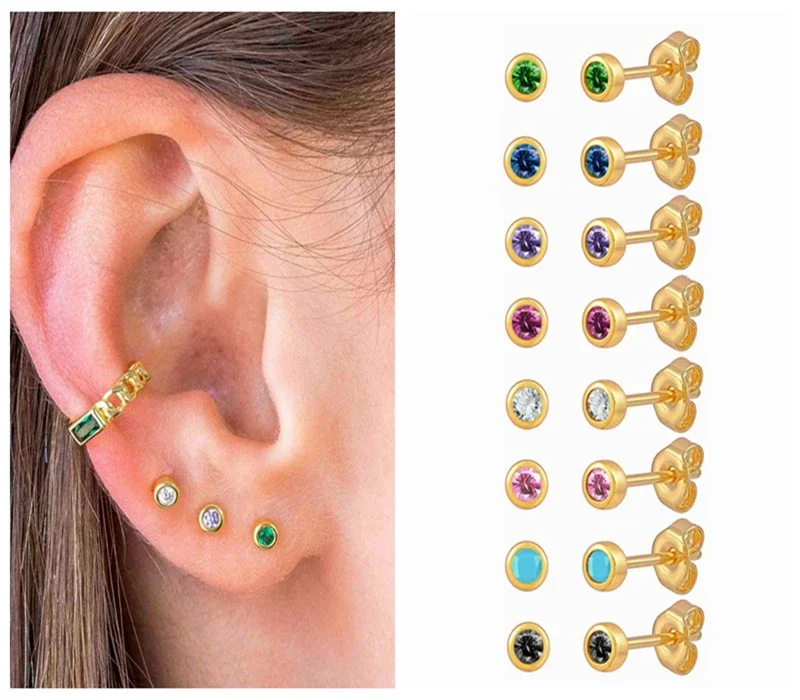 925 Sterling Silver Needle Colorful Crystal Mini Round Stud Earrings for Women 8 Color Crystay Luxury Earrings Fashion Jewelry