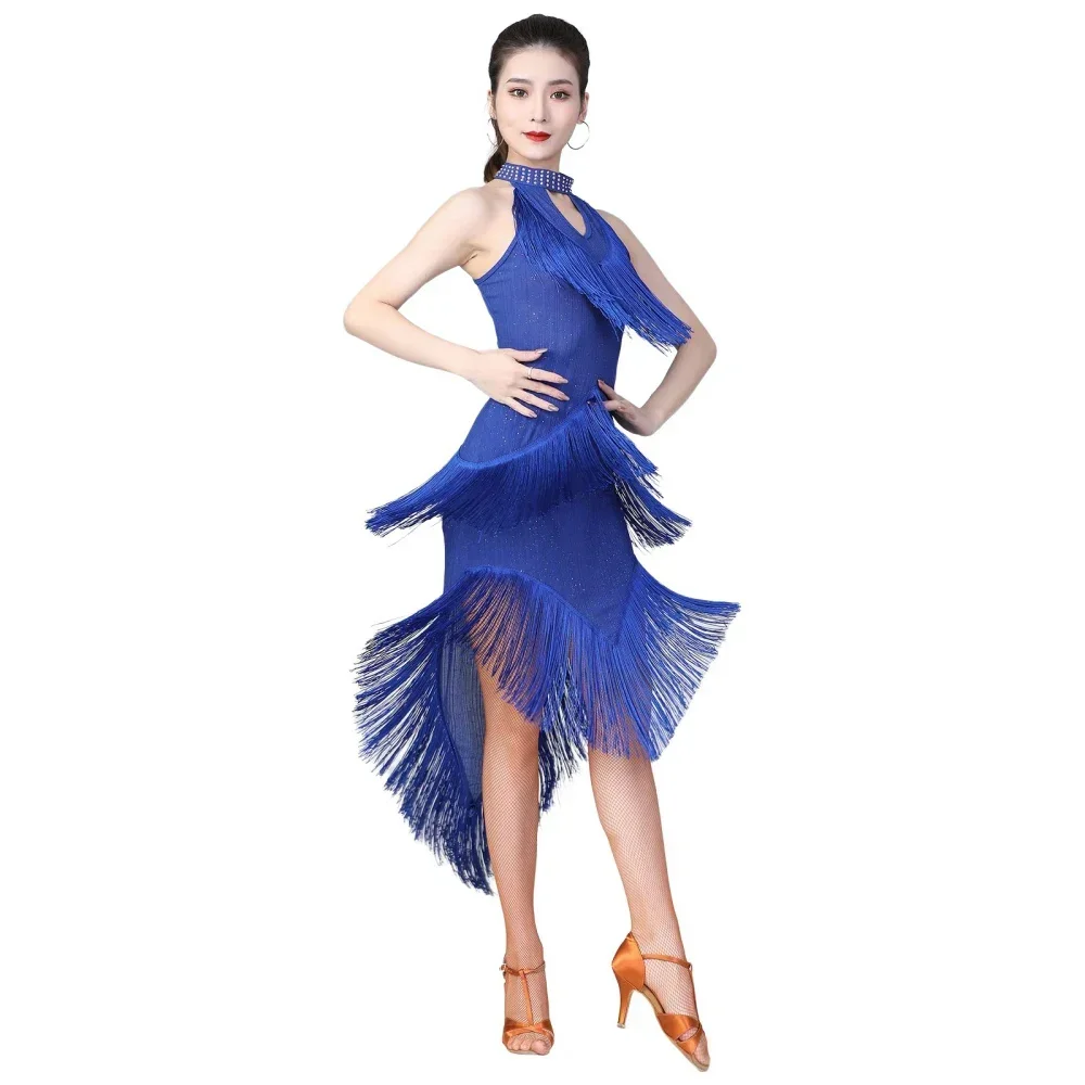 Dazzling  Dance Salsa Samba Clothes For Women High Neck  Fringes Latin Dresses Sleeveless Irregular Long Dress with Necklace