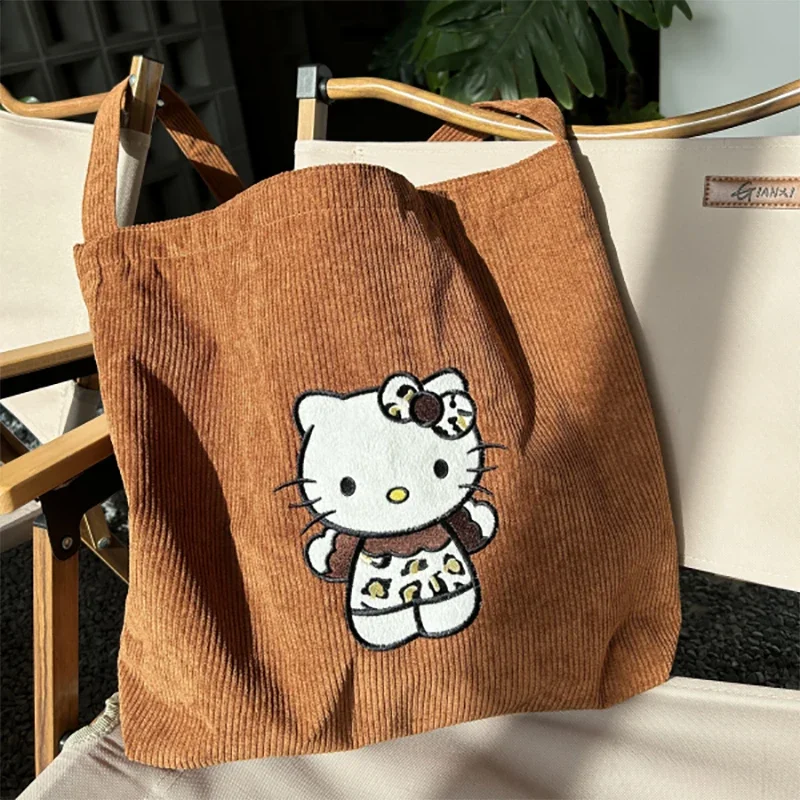 Hello Kitty Crossbody Bag for Women\'s Maillard Corduroy Casual Cute Handbag Y2k Cartoon Retro Large Capacity Shoulder Bag