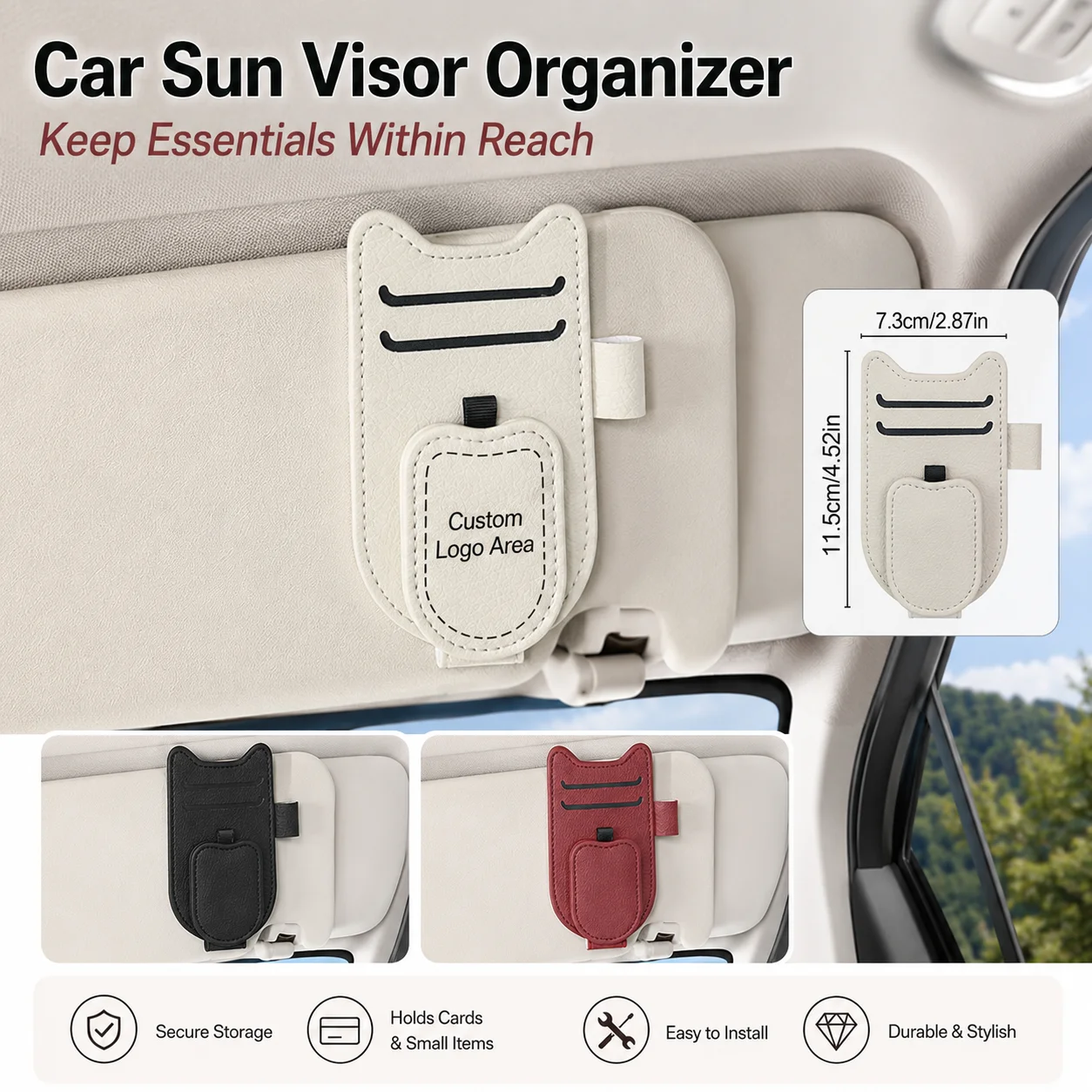 Custom Logo Sun Visor Card Holder, PU Leather Car Organizer, Secure Storage for ID Cards & Tickets, Custom Text Sunglasses Clip view 3