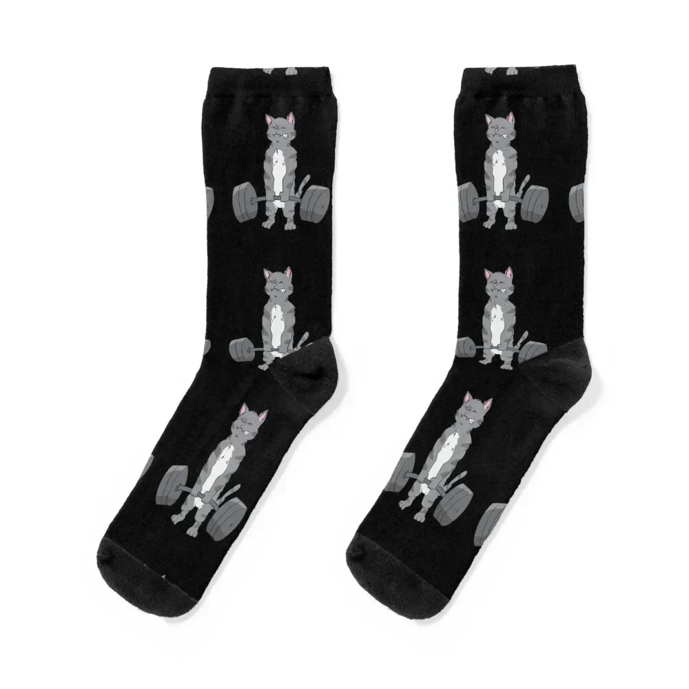 Weightlifting - Gray strong cat lifts weights Socks floor with print Men Socks Women's