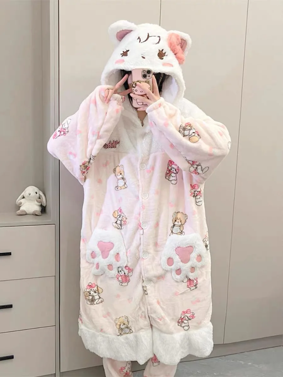 Mikko Cartoon-Flanell-Nachthemd mit Kapuze für Damen, Winter-Thermo-Nachtwäsche-Set, niedliche Homewear, Loungewear, gemütliches Pyjama-Outfit
