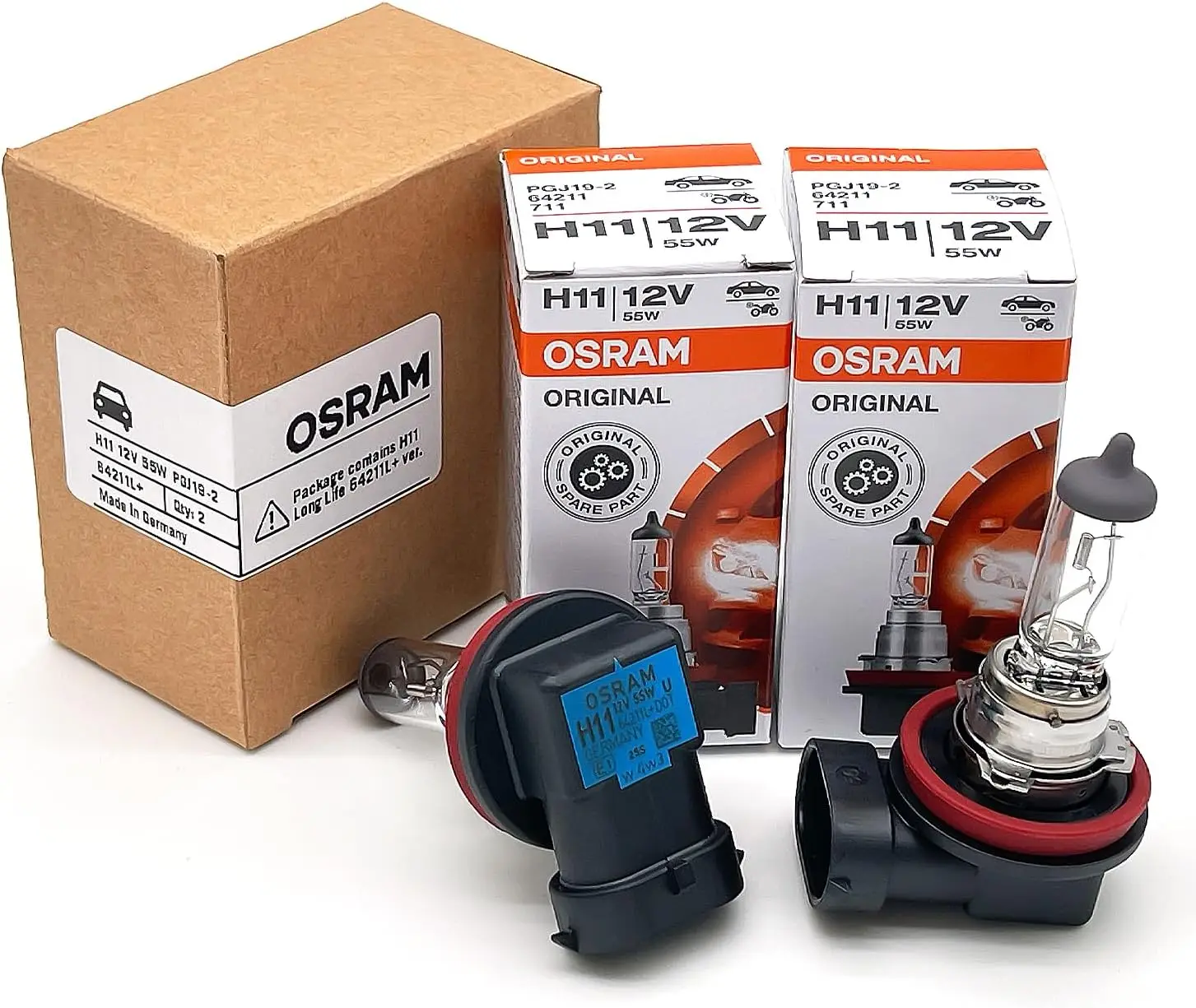 

H11 OEM оригинальные стандартные галогенные лампы для фар 12 В 55 Вт 64211L+ (длительный срок службы), сделано в Германии | В упаковке 2 шт.