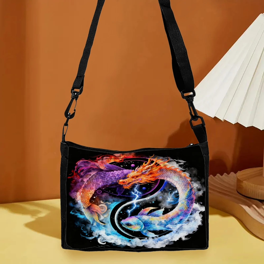 1pc Dragon And Fish Cosmic Design Crossbody Bag Black Mythical Creature Print Shoulder Bags For Women Men Travel Daily Use
