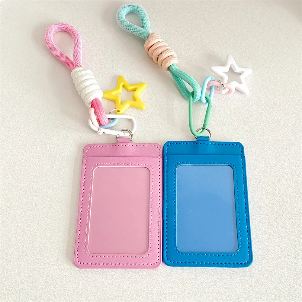 Candy Color Double Layer Card Protective Case With Star Lanyard INS Transparent PU Card Holder Waterproof Vertical Card Cover