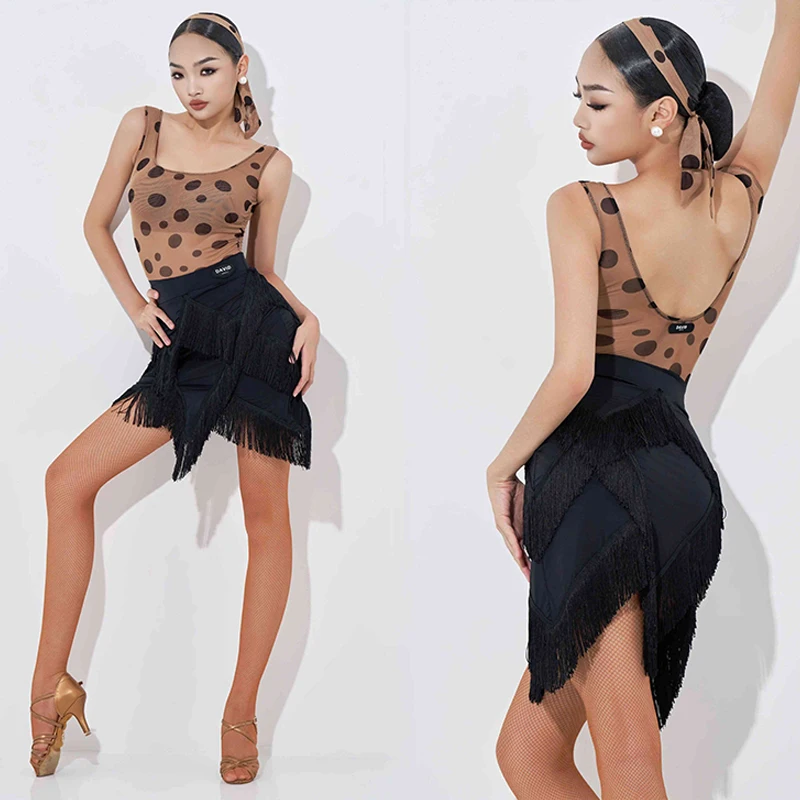 

2024 High-End Latin Dance Performance Costumes For Women Sexy Backless Tops Black Tassels Skirts Suit Latin Dance Stage Dress