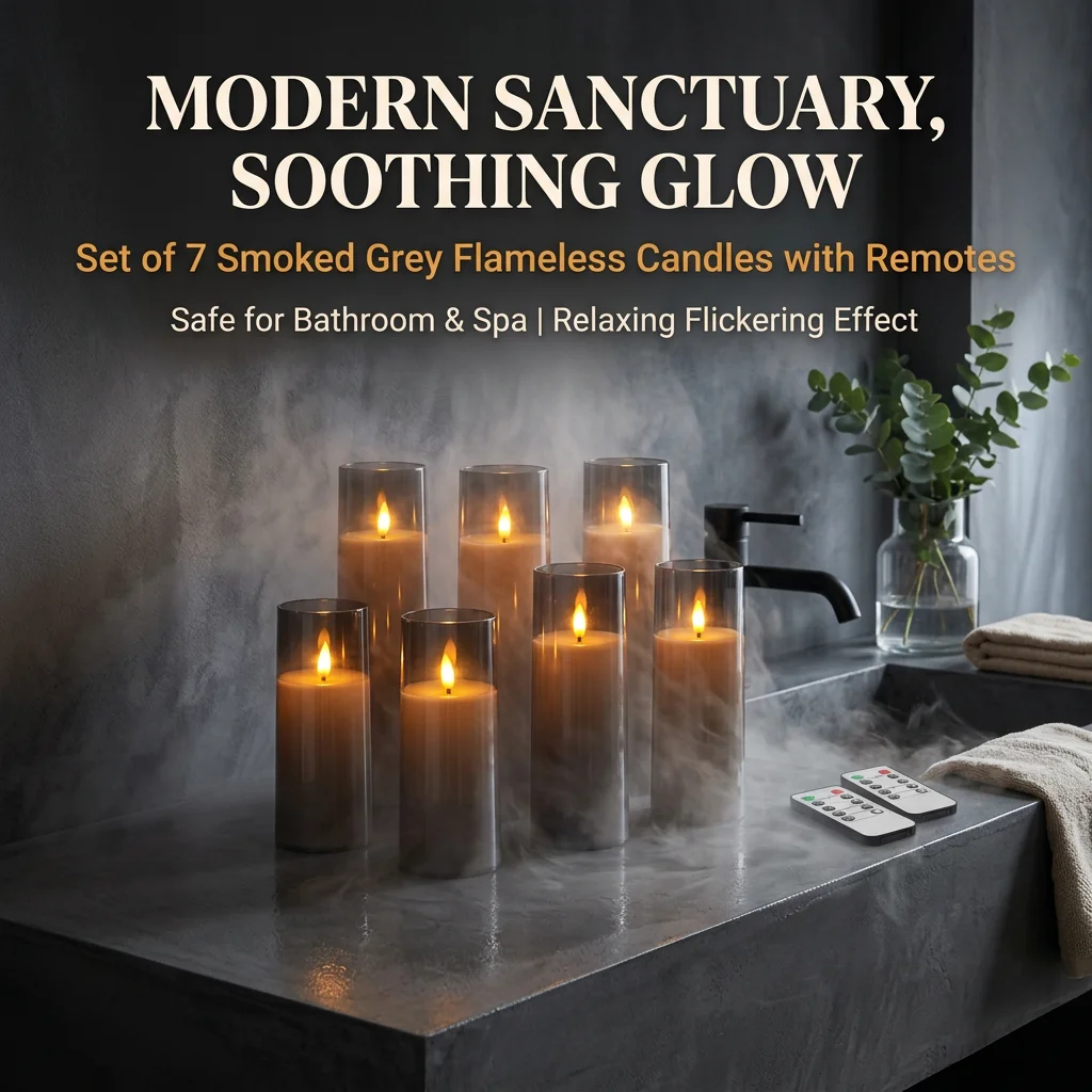 Gray Acrylic LED Candles 7Pcs Flameless Flickering Remote Timer Battery Operated Modern Home Bedroom Bathroom Halloween Decor