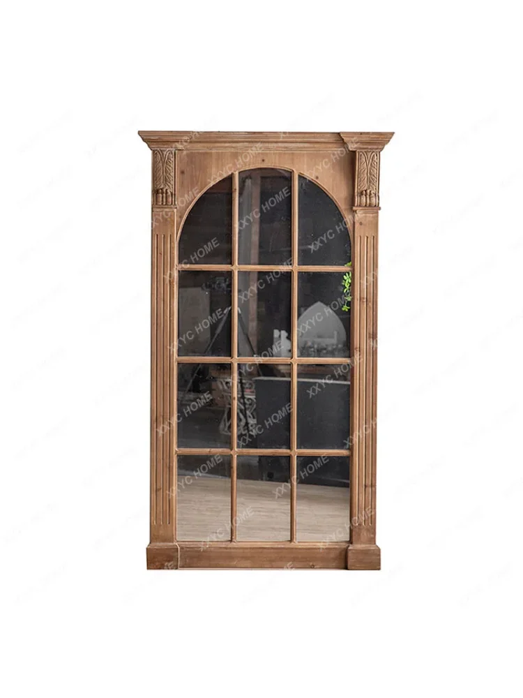 Retro Solid Wood Floor Mirror Entrance Entrance Decorative Mirror Carved Fake Window Mirror B & B Shop Window Wall Mirror