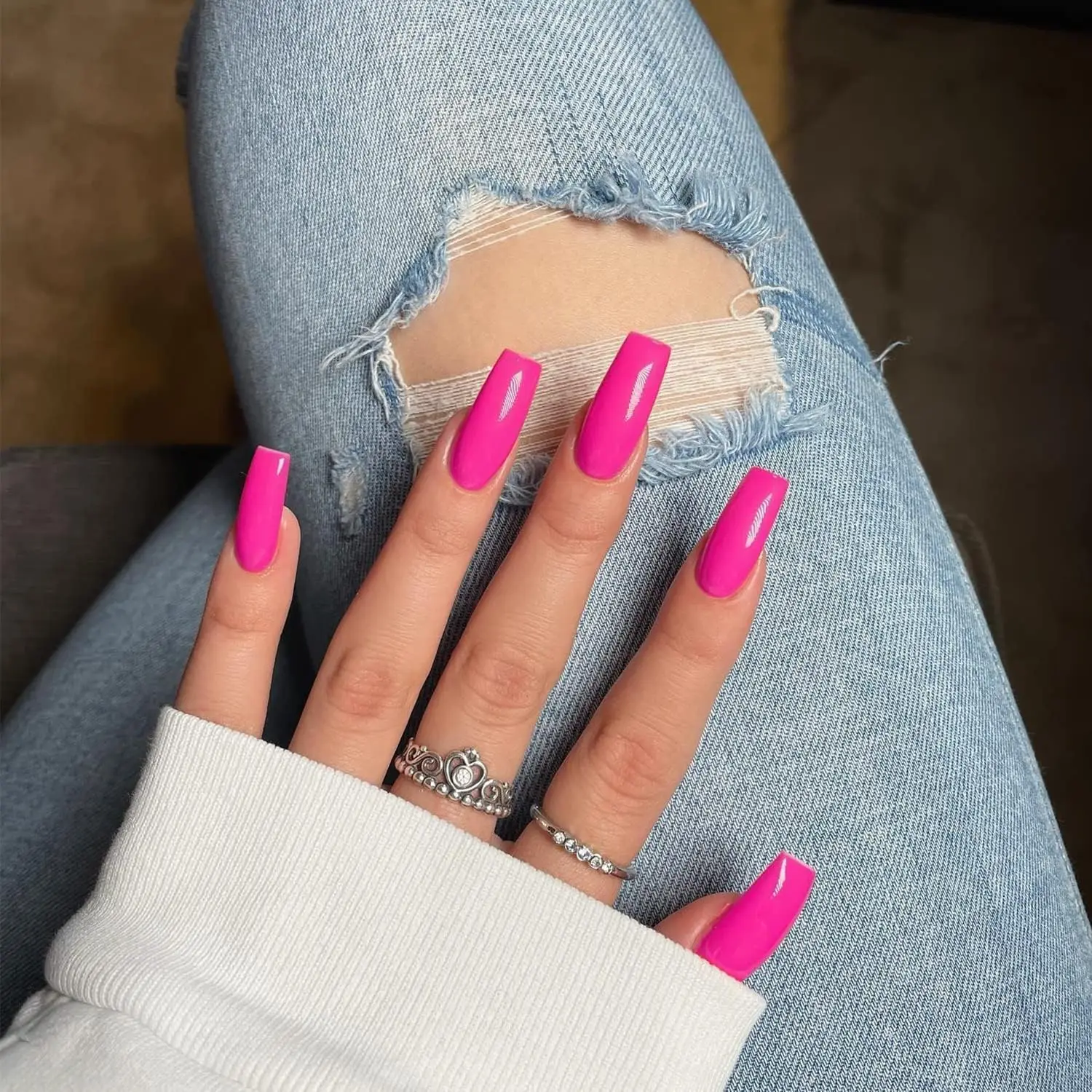 

Hot Pink Press On Nails Medium Long Square, Solid Color Fake Nails for Women, Natural Thick Artificial Nails Stick on, Neon Pink
