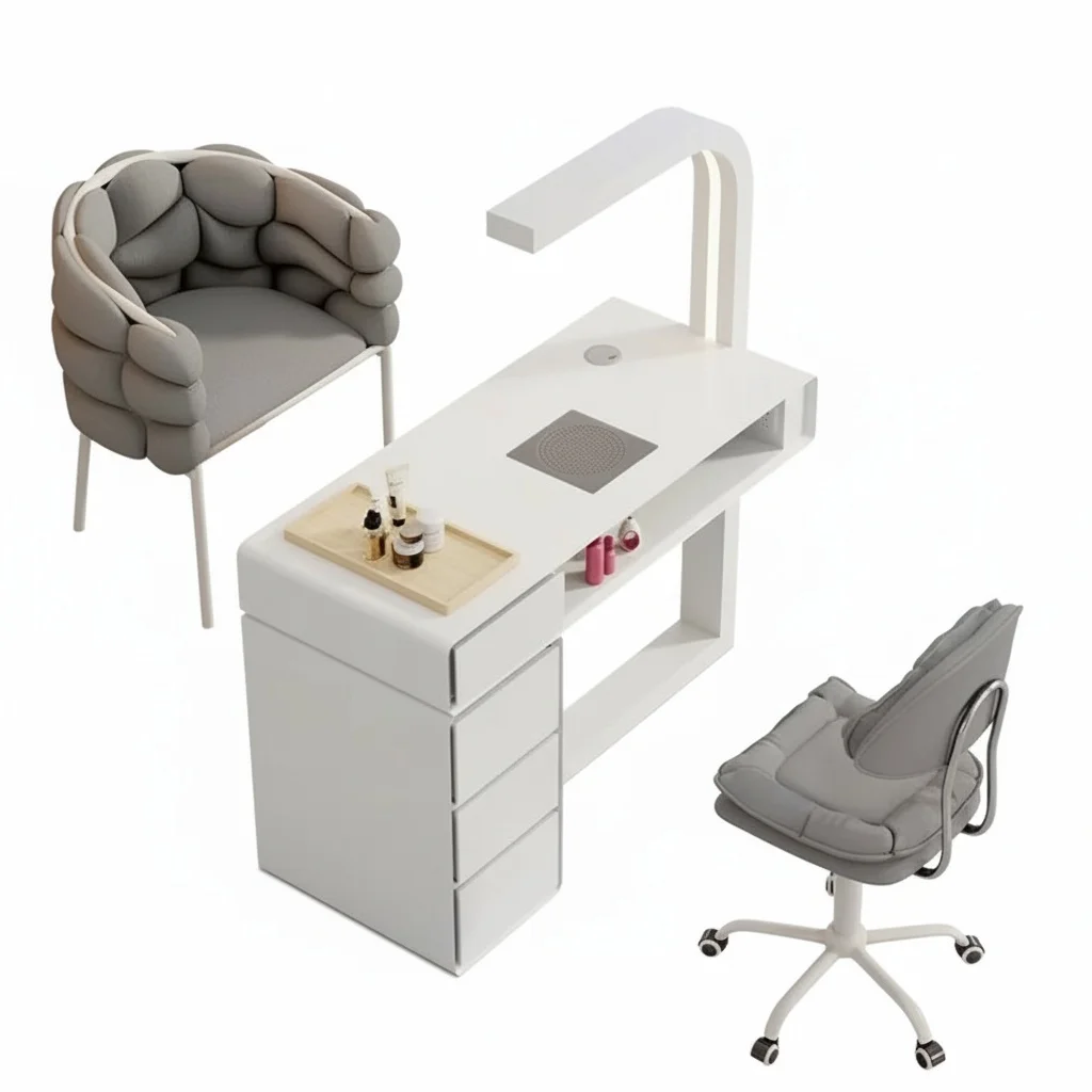 Modern Wood Manicure Table, White Nail Salon Desk with LED Lights, Dust Collector, Storage Drawers, Commercial Salon Furniture