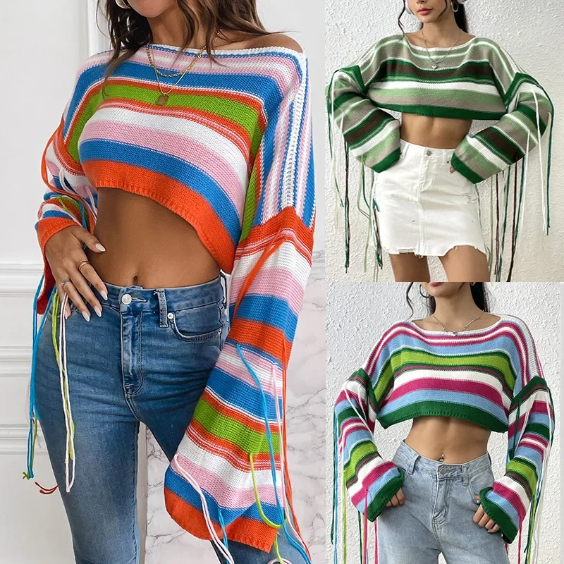 

Women's Clothing Y2k New Rainbow Stripes Tassel Knit Sweater Sexy Loose Crop Tops Pullover Streetwear Ultra Short Coats Jumpers