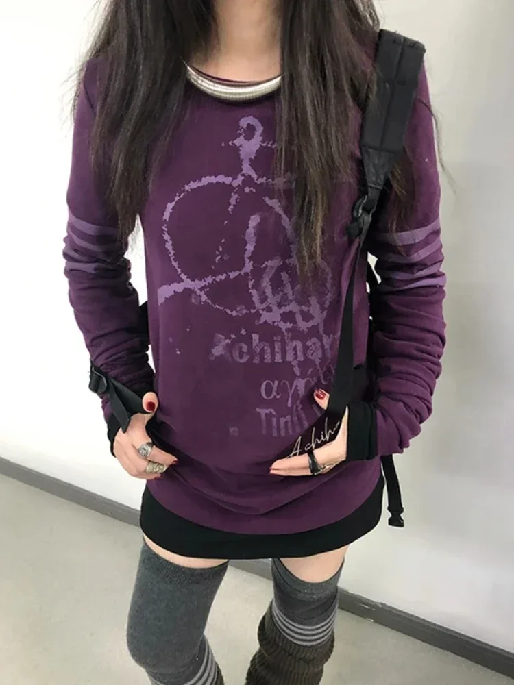 American Vintage Long Sleeve Women Y2k Letter Print T-shirt Street Wear StyleT- Shirt Harajuku Purple Tops Retro Punk Spring