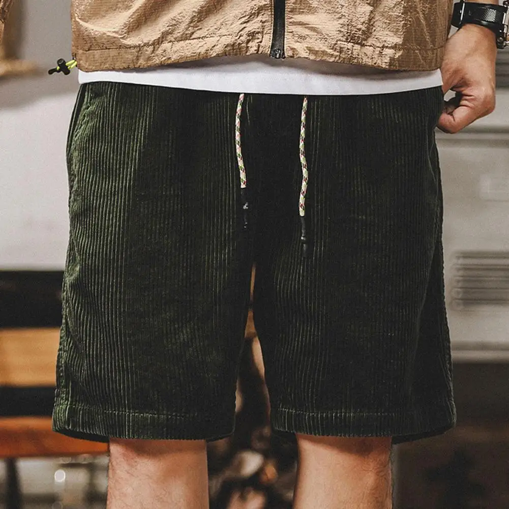 Men Athletic Shorts Solid Color Pocket Shorts Stylish Men's Elastic Waist Corduroy Beach Shorts with Pockets for Summer