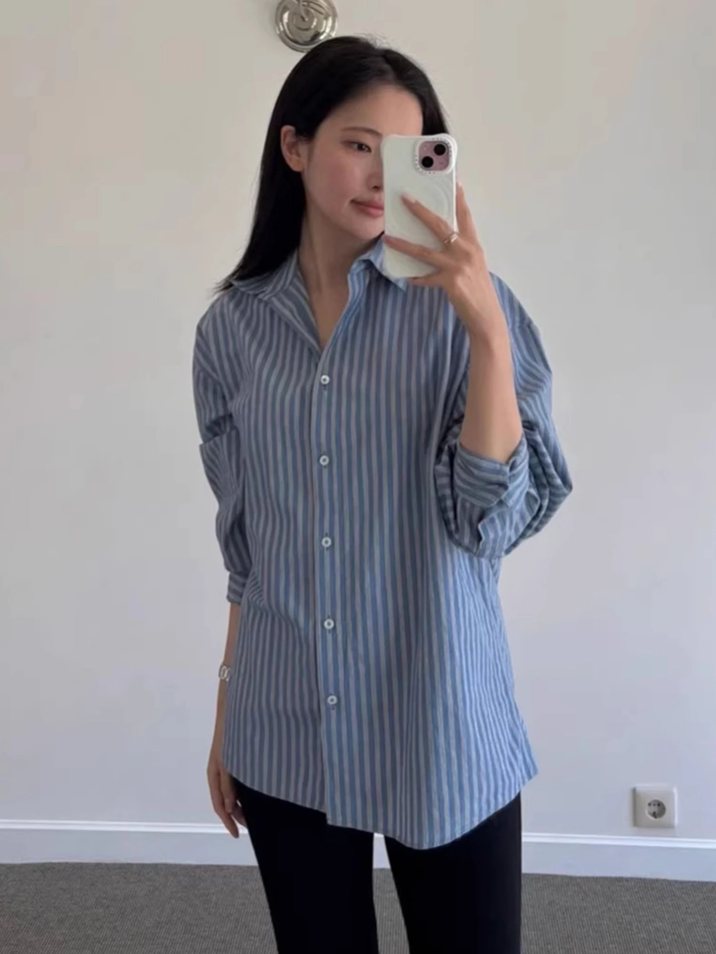 

Women's Casual Striped Shirt Early Spring Commute Turn-down Collar Color Block Layered Top Pure Cotton Long Sleeve Loose Fit