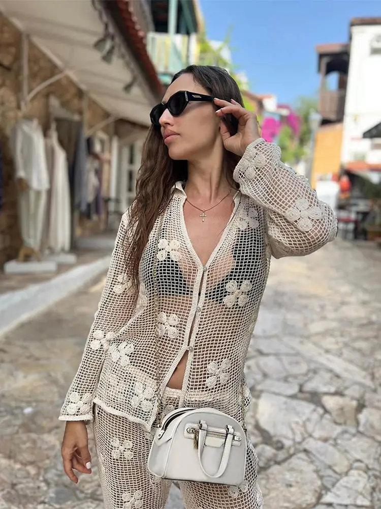 Summer Chic White Floral Crochet Trousers Set Women Sexy See Through Hollow Out Vacation Suits 2024 Lady Fashion Beach Outfits