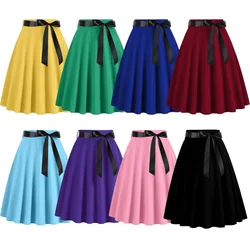 Women Retro Vintage Midi Long Skirt Summer Solid Black Blue Tennis Skirt Elegant Faldas High Waist A Line 50s Swing Skirts 2025