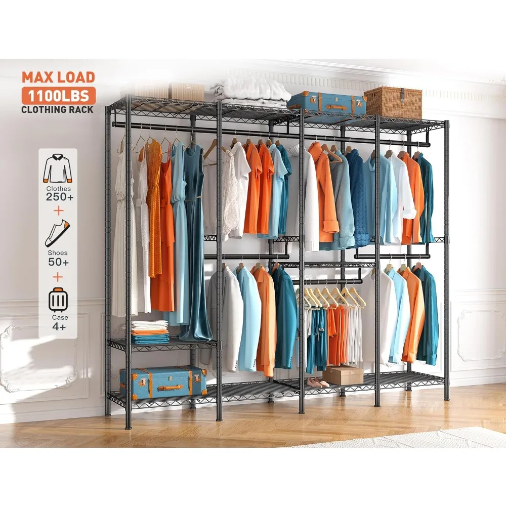 Raybee Clothing Racks for Hanging Clothes Load 1100 LBS Heavy Duty Clothes Rack with 5 Hanging Rods,6 Shelves Freestanding