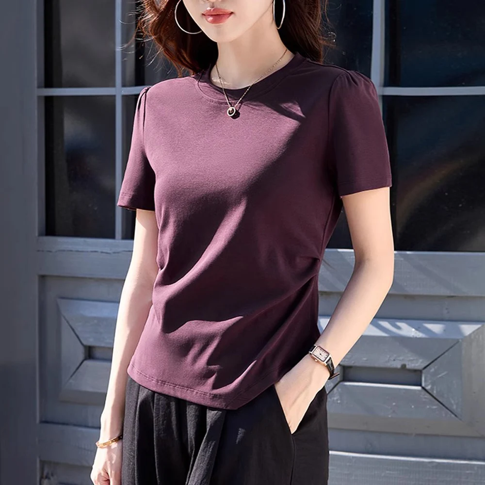 Koreanische Version blau unregelmäßige Kurzarm T-Shirt Damen Sommer neue modische lässige Rundhals plissiert Slim Fit kurze Top