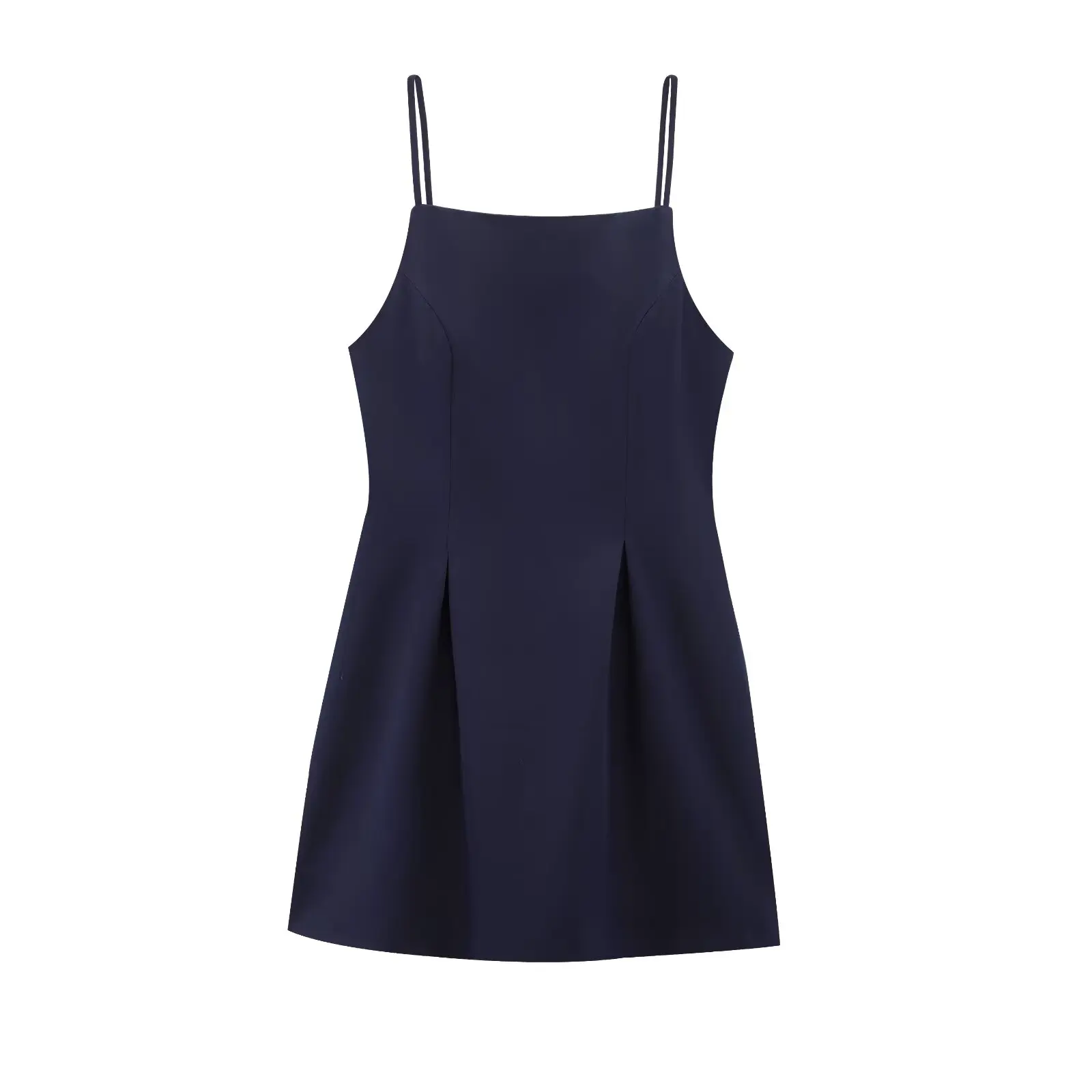   فستان نسائي بحزام سباغيتي مع جزء علوي مناسب وتفاصيل مطوية على التنورة مثالي لملابس الصيف والحفلات غير الرسمية