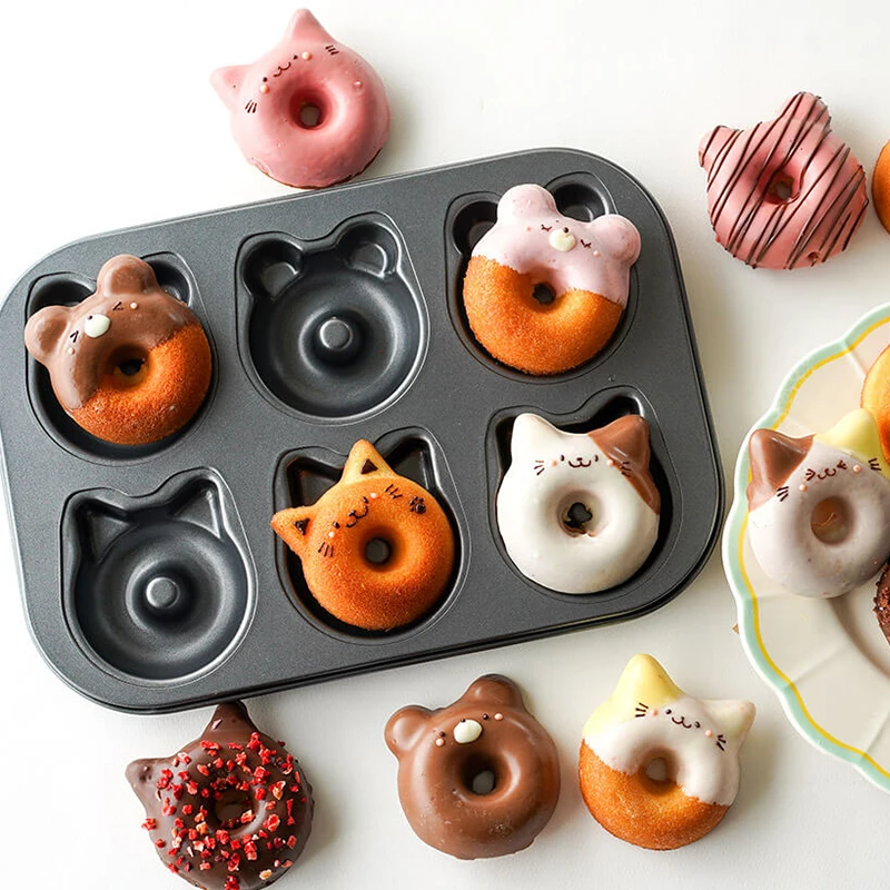 

6 donuts non-stick donut pan 1 piece donut baking pan carbon steel donut mold cartoon panda donut baking pan bag