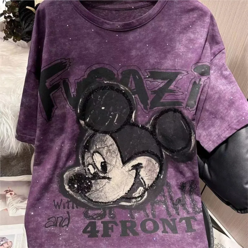 

Милая футболка с коротким рукавом с Микки Диснеем, женская летняя свободная повседневная универсальная футболка, простой модный топ с круглым вырезом для поездок на работу