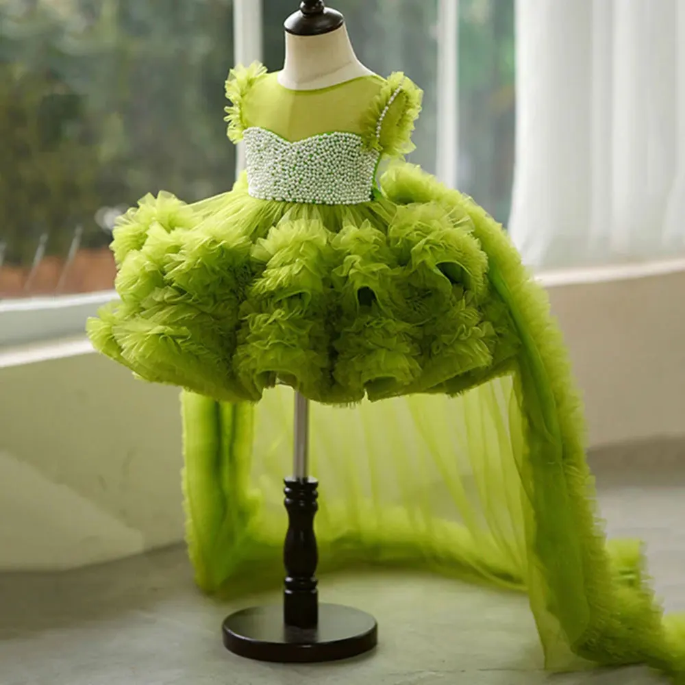 Green Puffy Flower Girl Dress For Wedding Tulle Layered With Pearls Baby Kids Birthday Party Ball First Communion Gowns