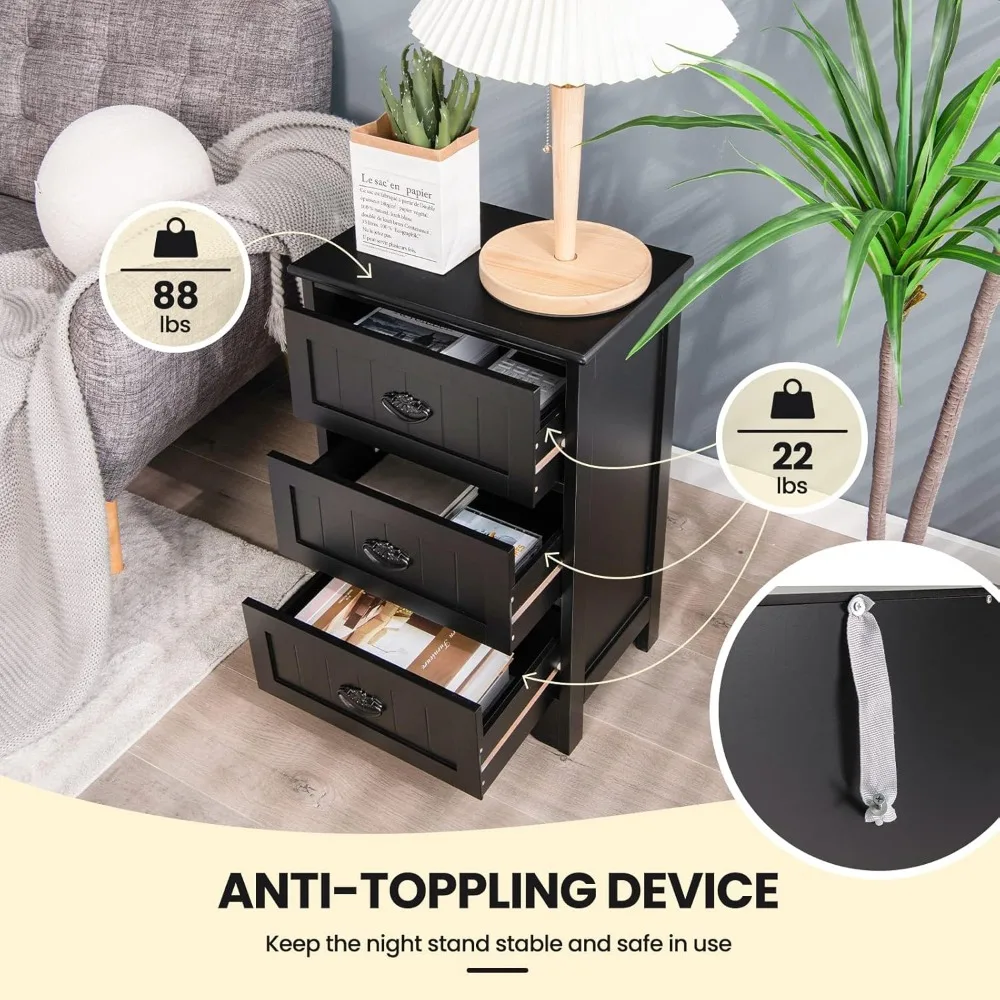 منضدة Giantex مع 3 أدراج، طاولة بجانب السرير مع مقابض معدنية رائعة، طاولة جانبية للأريكة مع طاولة مضادة للانزلاق D