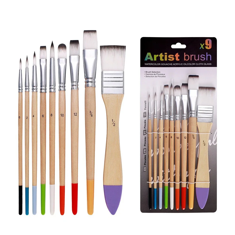 9 Pcs Nylon Hair Brush Mixed Art Supplies Beginner Watercolor Painting Wall Paint Pigment Board Brush Acrylic Paint Set Artist