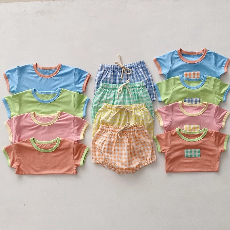 Baby Girls Clothes Sets Korean Summer Short Sleeve Patchwork T-shirt+ Plaid Elastic Waist Shorts Newborn Baby Boys Clothing Sets