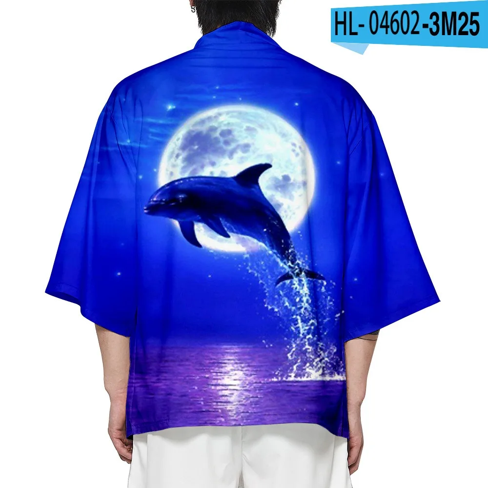 Summer Samurai Kimono Men Cosplay Stylish Cute Dolphin Print Haori Streetwear Kimono Fashion Yukata Japanese Cardigan Robe