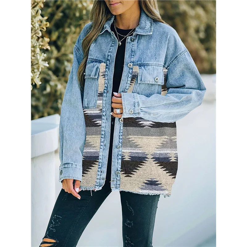 【HAPPYH】Women's Loose Lapel Long-Sleeved Denim Patchwork Jacket Retro Raw Edge Mid-Length Jacket
