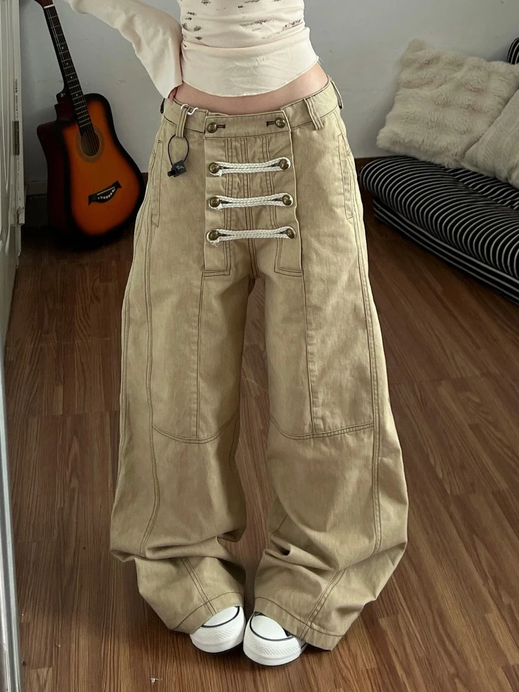 Women American Retro Palace Style Cargo Pants New Double Breasted Deconstructed Design Loose Straight Leg Casual Long Trousers