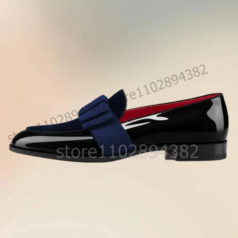 Red Blue Bow Knot Decor Black Patent Leather Loafers Fashion Slip On Men Shoes Luxurious Handmade Party Office Men Dress Shoes