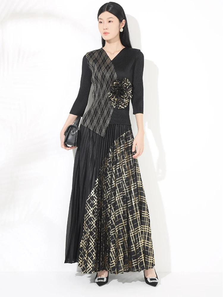 

Chic Printing Fold Skirt Outfit Spring Women Long Sleeve V-neck Slim Top+High Waist Loose Knee Length Skirt Autumn Two Piece Set