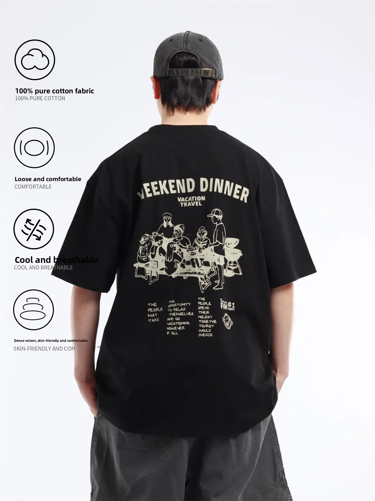 100% Cotton 300g Double Gauze round Neck Short Sleeve T-Shirt Creative Fun Printed Loose Fit Summer Breathable Unisex Tee