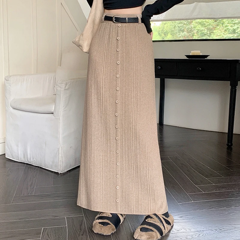 Nieuwe herfst winter mode knoppen effen kleur gebreide rok elegante split rechte pakket hip hoge taille lange rokken