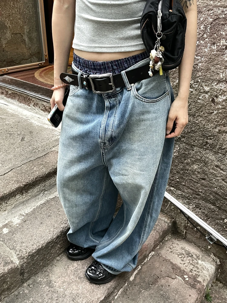 

MMBBT синие джинсы с завышенной талией, женские прямые повседневные брюки, винтажные хлопковые брюки с застежкой на пуговицы на талии, все сезоны
