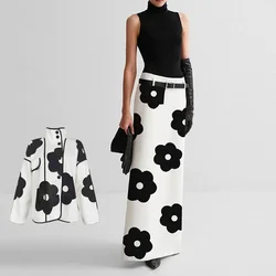 Gymystars Spring Autumn Coat for Women 2026 Fashion Floral Printed Split-back Long Skirts Long Sleeves Jackets Outerwear Famale