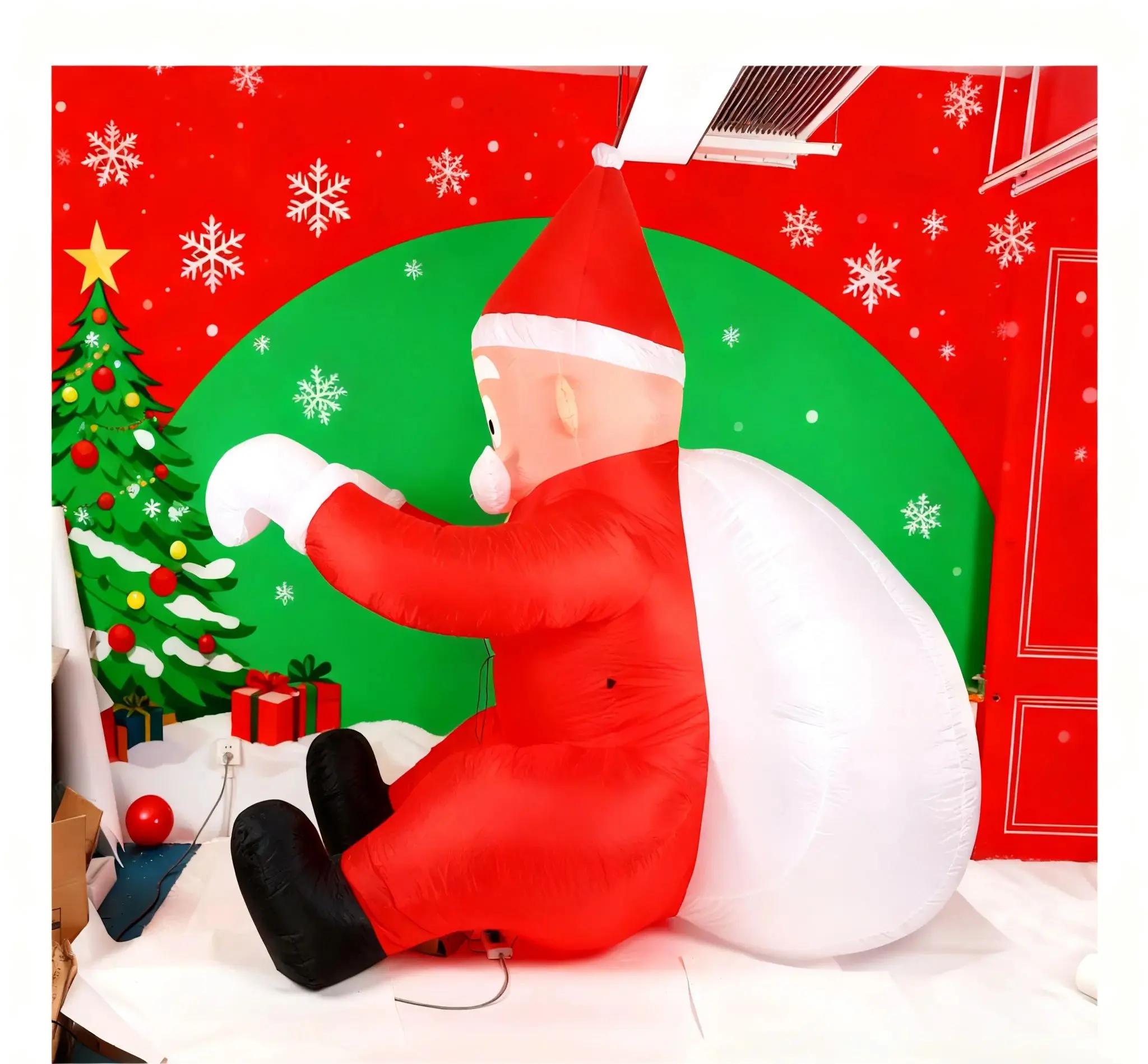 Christmas Inflatable Climbing Santa Claus with white Gift Bag, Light-Up Door Decor, Outdoor/Indoor Holiday Decoration for Christ