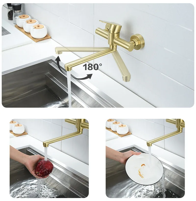In-Wall Brushed Gold Extra Long Spout Kitchen Sink Faucet 180° Rotation Folding Spout Bathroom Bathtub Mixer Tap Stainless Steel