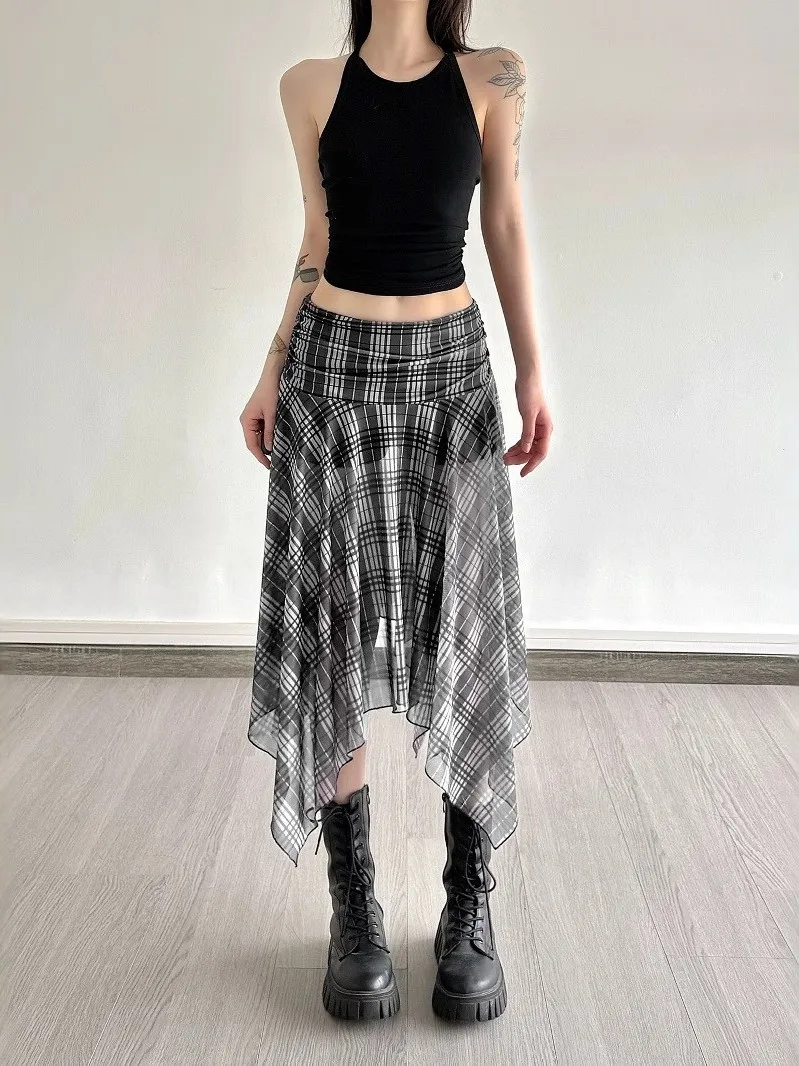 

Плиссированная юбка в клетку нестандартной формы с низкой талией, женская юбка с асимметричным подолом Cleanfit, ткань из ПВХ со средней талией Ciwalk