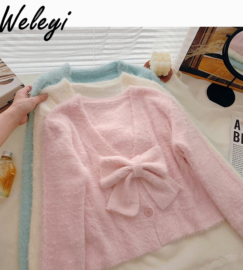 

Pink Bow Sweater Cardigan Women's Autumn and Winter 2024 Ladies Sweet Imitation Mink Velvet Long Sleeve Knitted Cardigans Top