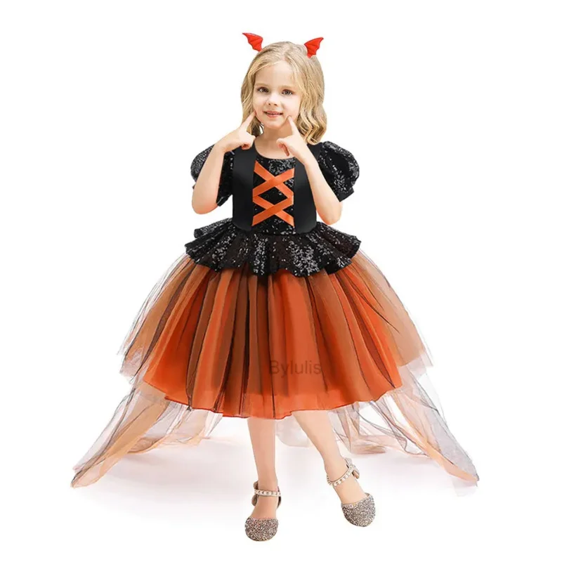 여자를위한 마녀 할로윈 의상 어린이 공주 버블 슬리브 호박 메쉬 카니발 파티 드레스 변장 무서운 코스프레 어린이