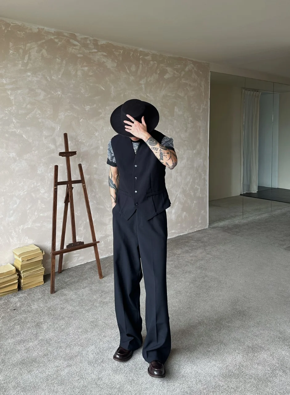 

Fashion men's cotton and linen set suit,vest, trousers set, 2-piece wide-leg pants