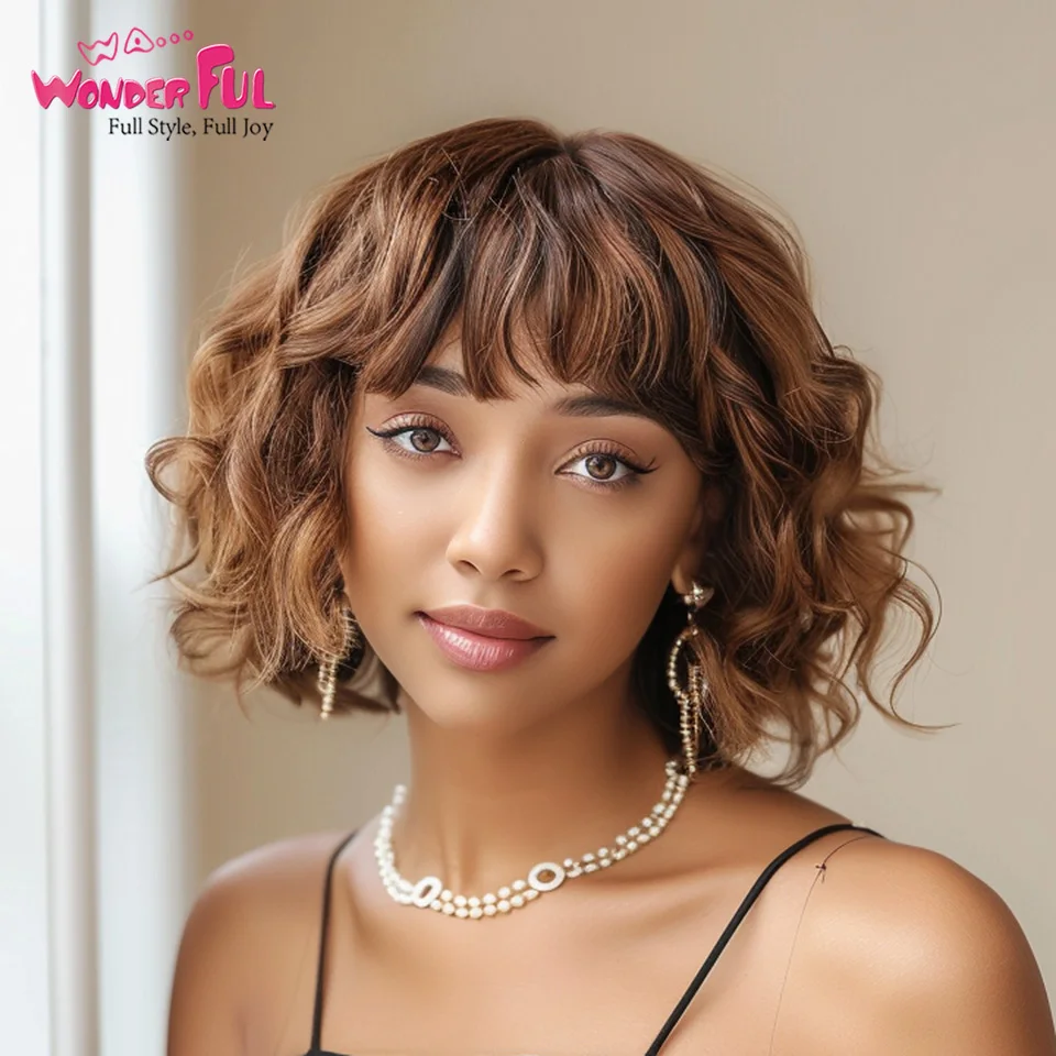 

Wonderful Brazilian Remy Hair Brown P4/27 Body Wave Bob Wigs With Bangs Short Bob Wigs Highlight Remy Hair Wigs For Black Women