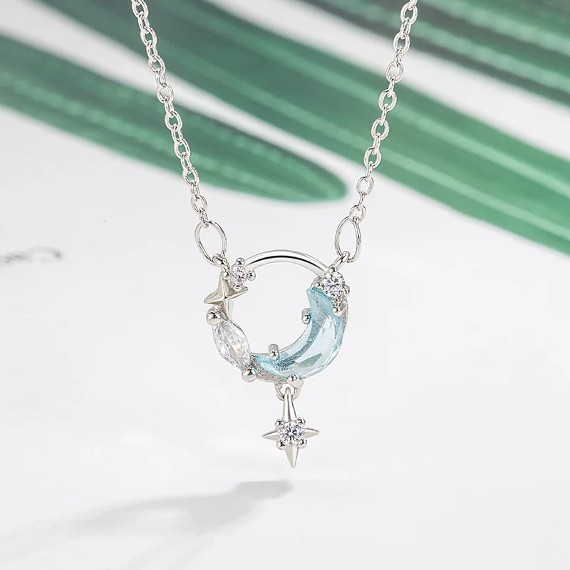 KOFSAC Crystal Blue Crescent Moon Star Pendant Necklace For Women Romantic Gift 925 Sterling Silver Necklaces