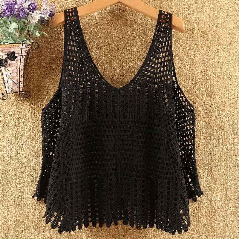 

2024 New Hollow Out Knitted Tanks Camis Vest Women Spliced Sleeveless Tank Top Women Thin Basic V-collar Camisoles Tanks L66