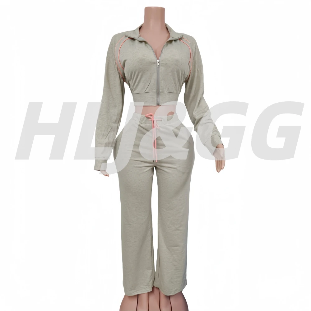 Hlj & gg outono casual sólido desportivo conjuntos de duas peças feminino zip manga longa colheita superior e calças com cordão roupas moda fatos de treino