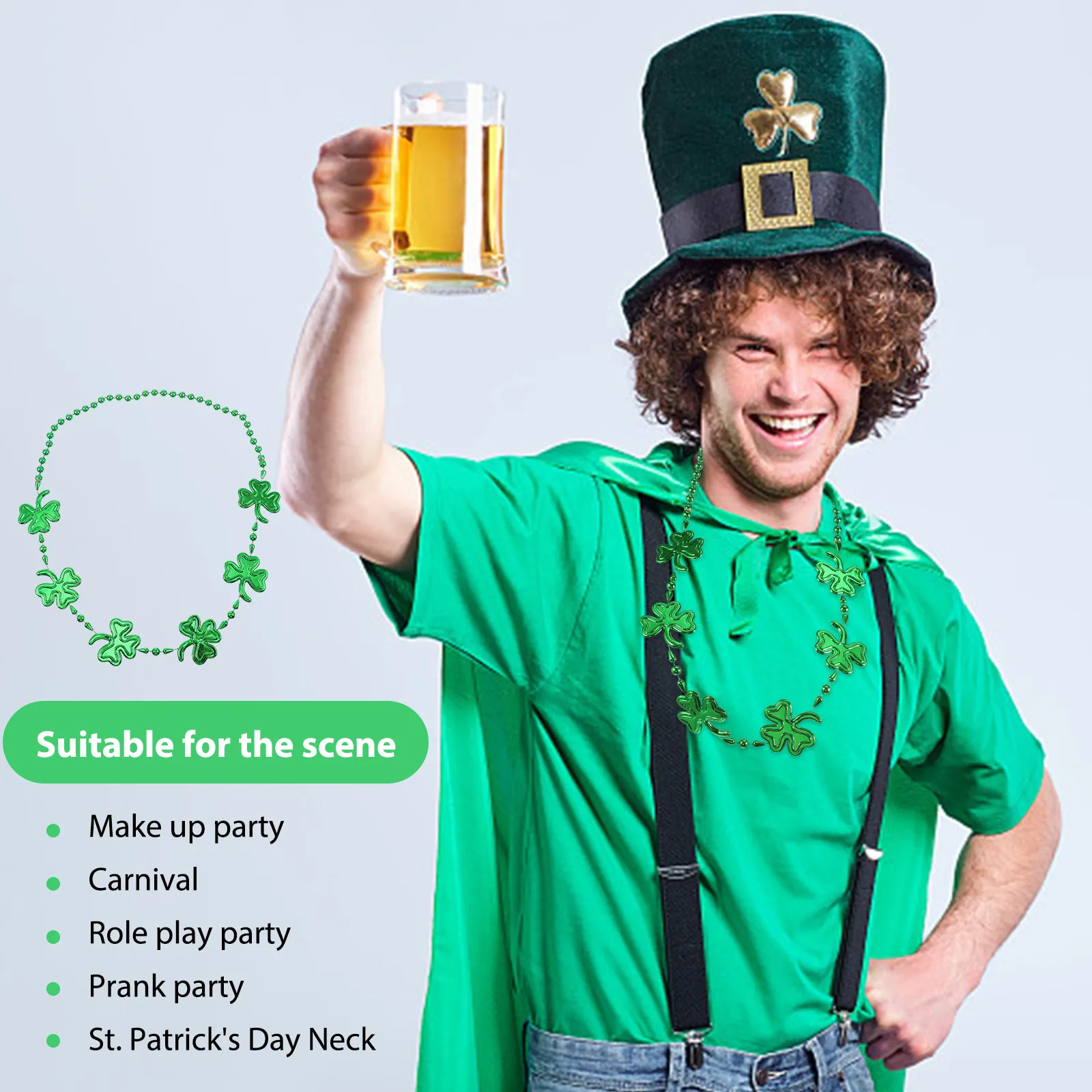 

3Pcs St Patrick's Day Shamrock Necklaces Green Bead Chains Party Accessories Festival Jewelry Celebration Party Necklaces